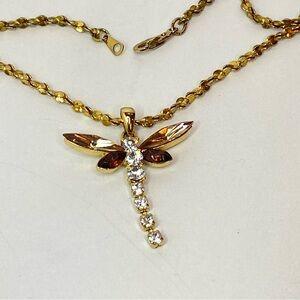 Vintage Brown Clear Crystal Dragonfly Pendant Gold Tone Twisted Tinsel 24" Chain